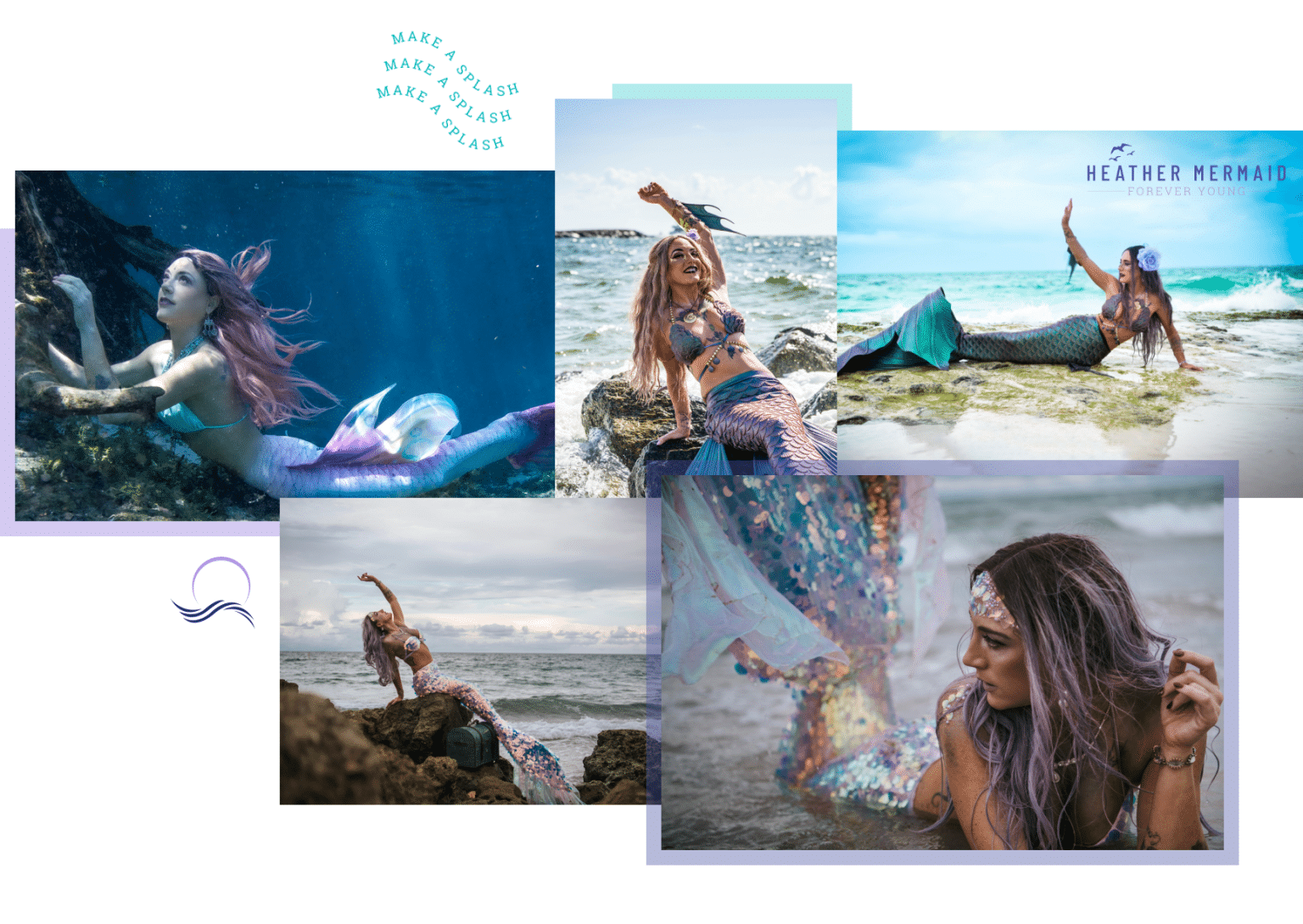 Mermaid portraits underwater and on coastal rocks with colorful tails and flowing hair